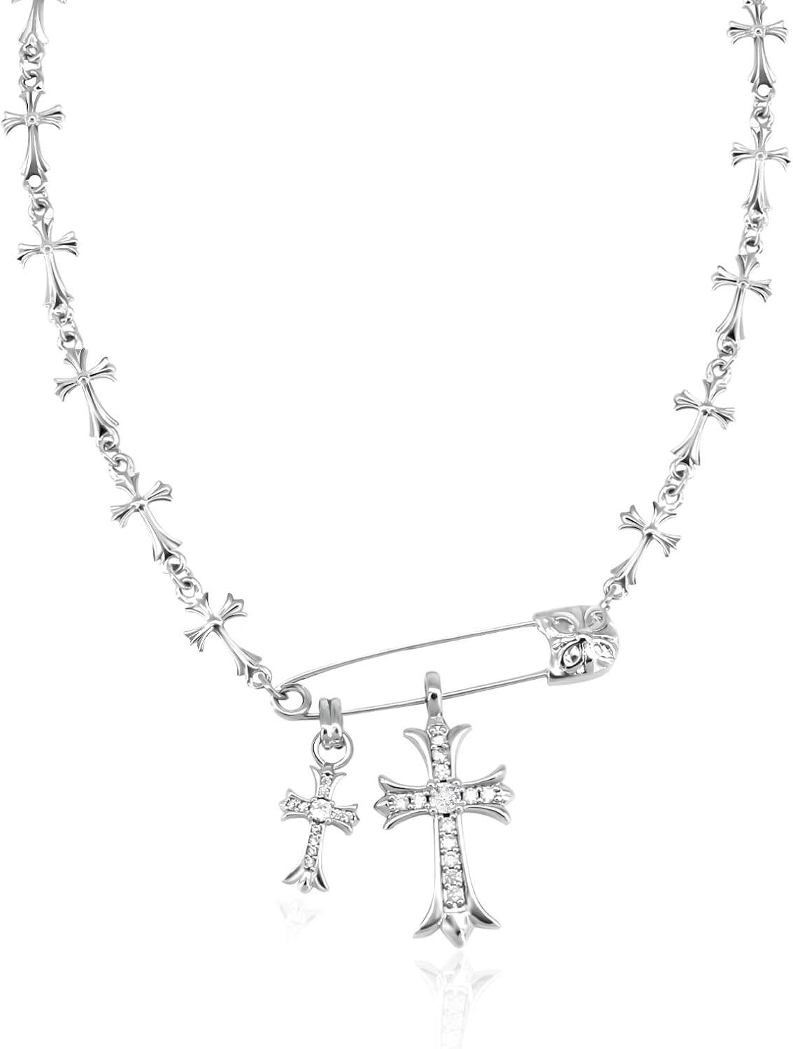 Silver Y2K Cross Pendant Necklace – Gothic Safety Pin Design