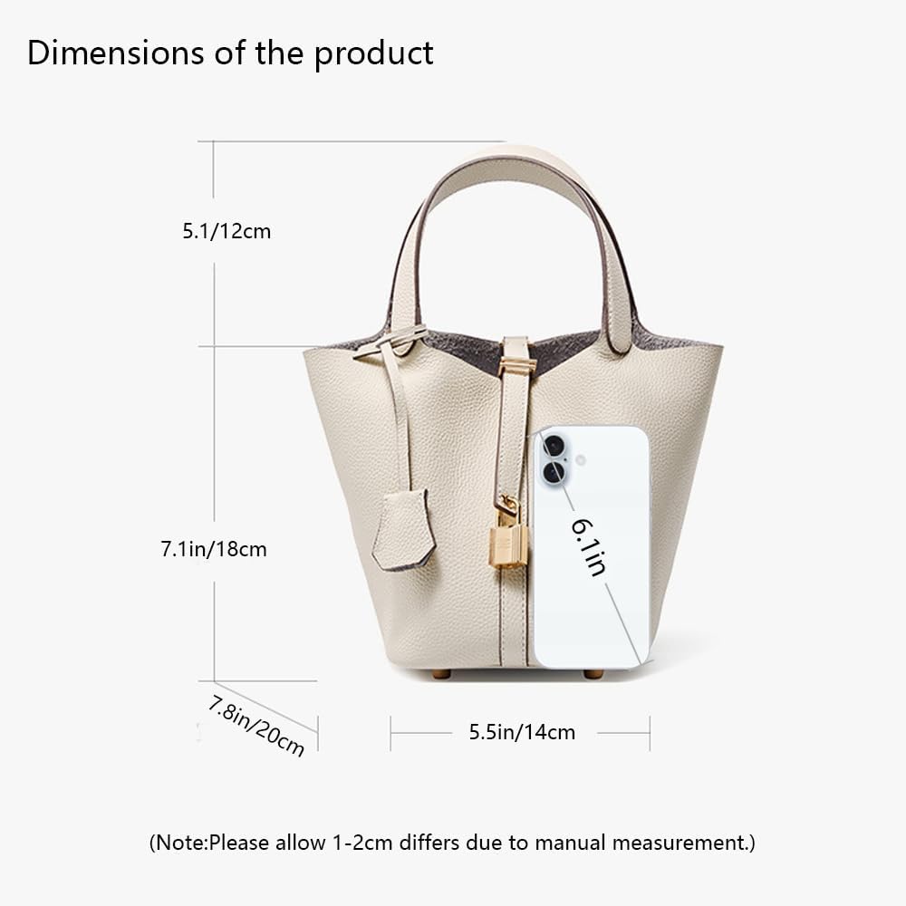 Genuine Leather Lock Design Bucket Bag Vegetable Basket, Fashionable and Versatile Shoulder Handbag