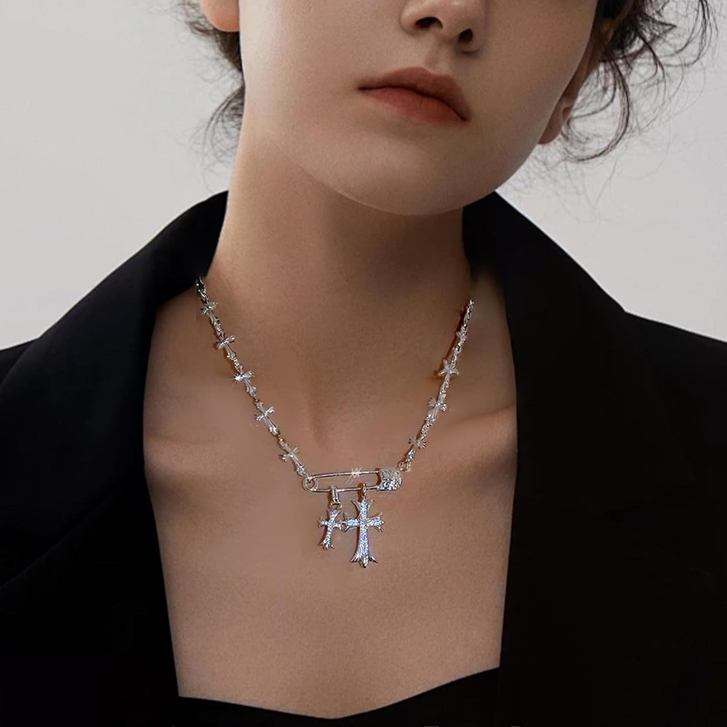 Silver Y2K Cross Pendant Necklace – Gothic Safety Pin Design