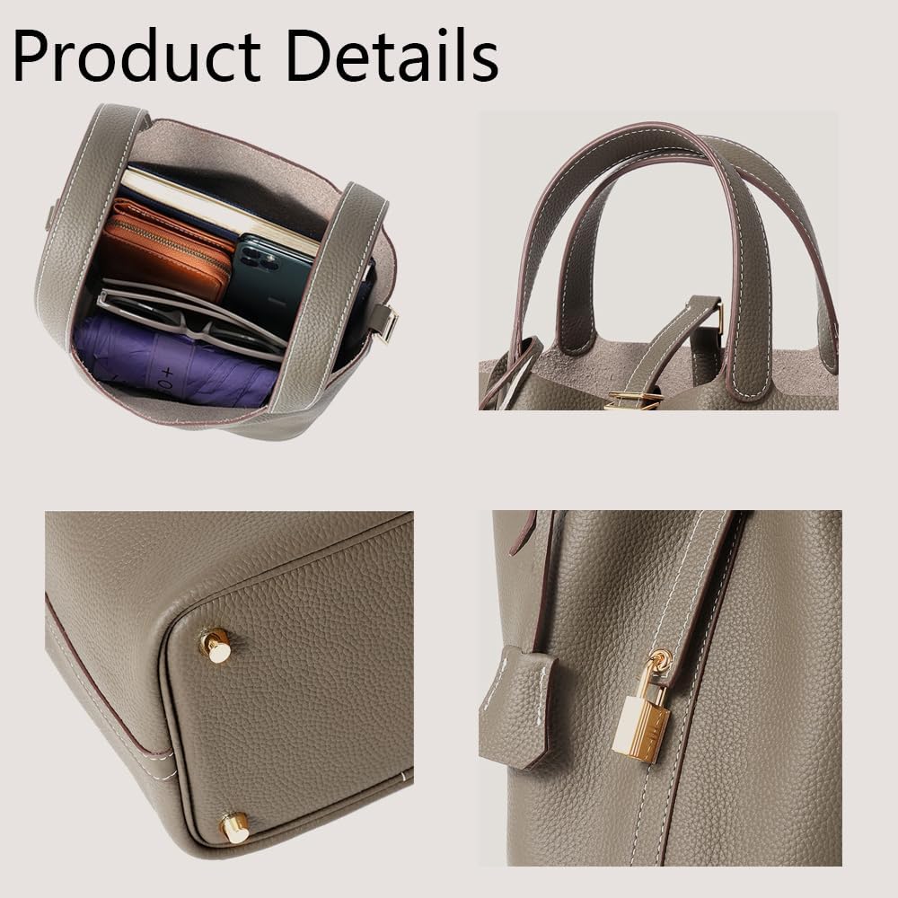 Genuine Leather Lock Design Bucket Bag Vegetable Basket, Fashionable and Versatile Shoulder Handbag