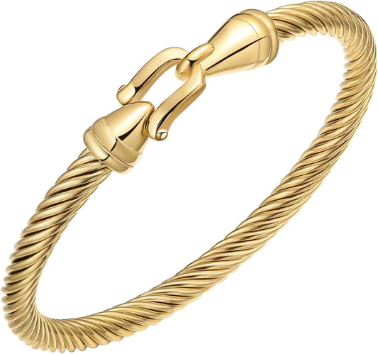 Stainless Steel Twisted Cable Wire Bracelets with Hook Clasp Stylish Roman Digital Bangle Bracelet for Women