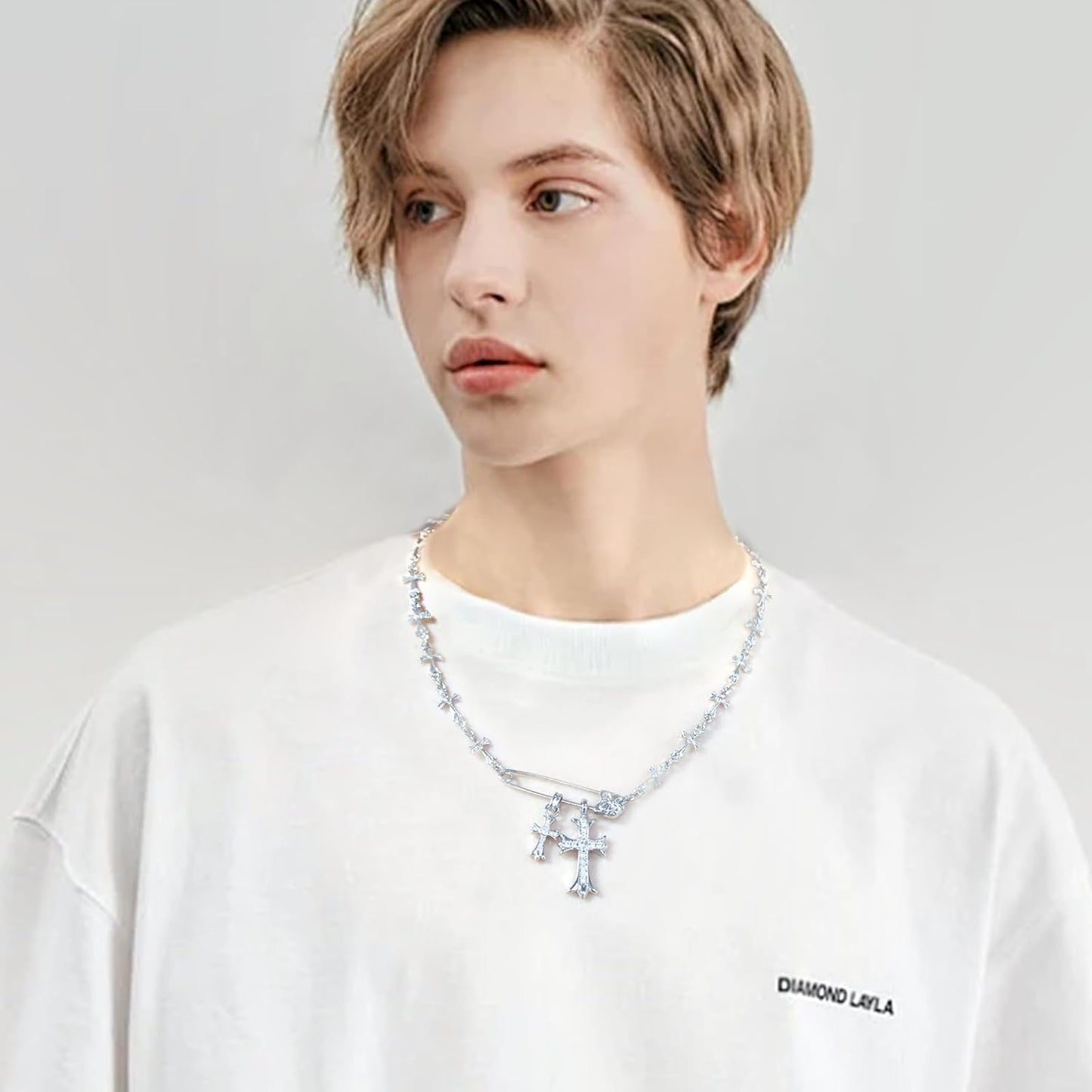Silver Y2K Cross Pendant Necklace – Gothic Safety Pin Design