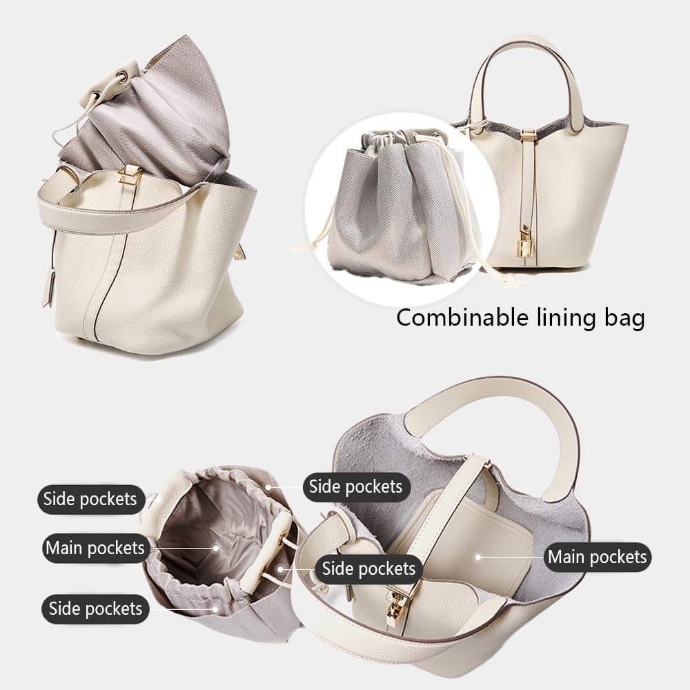 Genuine Leather Lock Design Bucket Bag Vegetable Basket, Fashionable and Versatile Shoulder Handbag