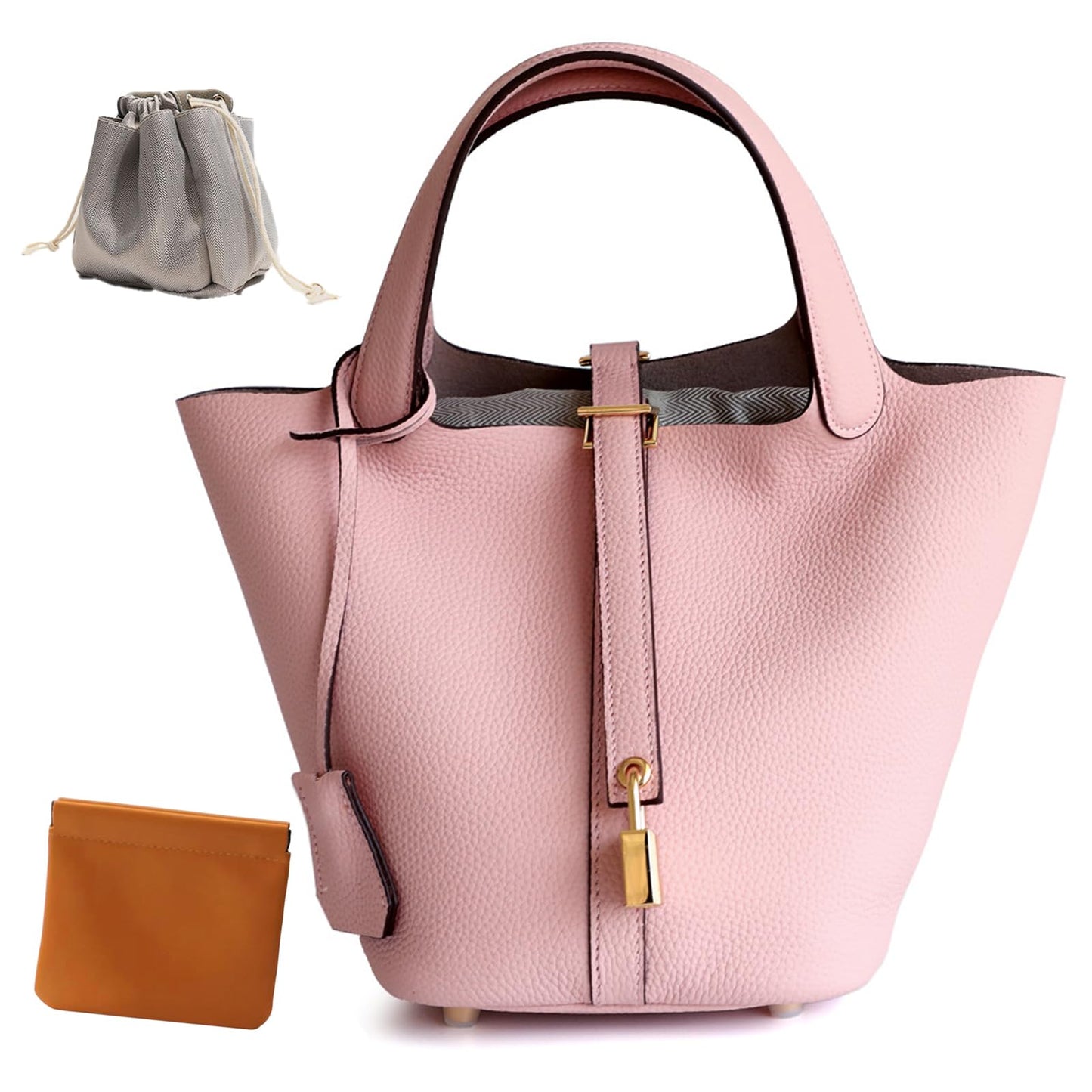 Genuine Leather Lock Design Bucket Bag Vegetable Basket, Fashionable and Versatile Shoulder Handbag