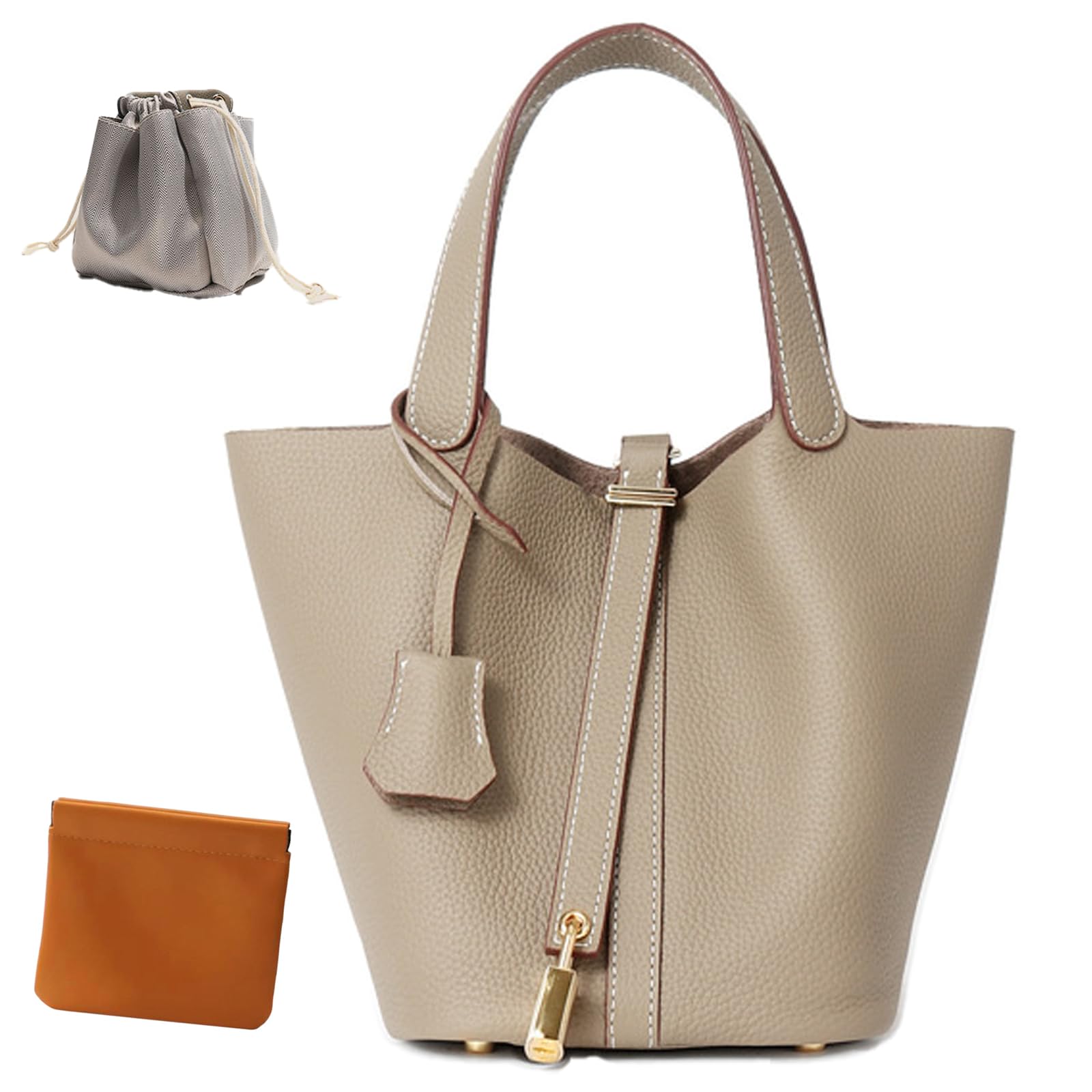 Genuine Leather Lock Design Bucket Bag Vegetable Basket, Fashionable and Versatile Shoulder Handbag