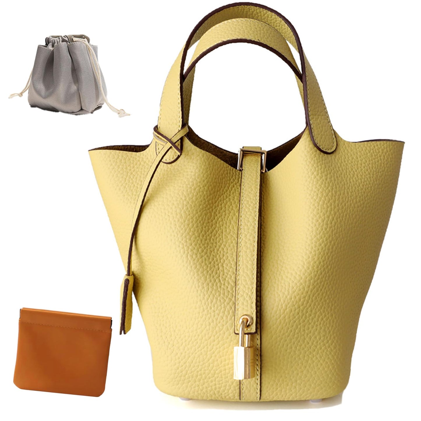 Genuine Leather Lock Design Bucket Bag Vegetable Basket, Fashionable and Versatile Shoulder Handbag