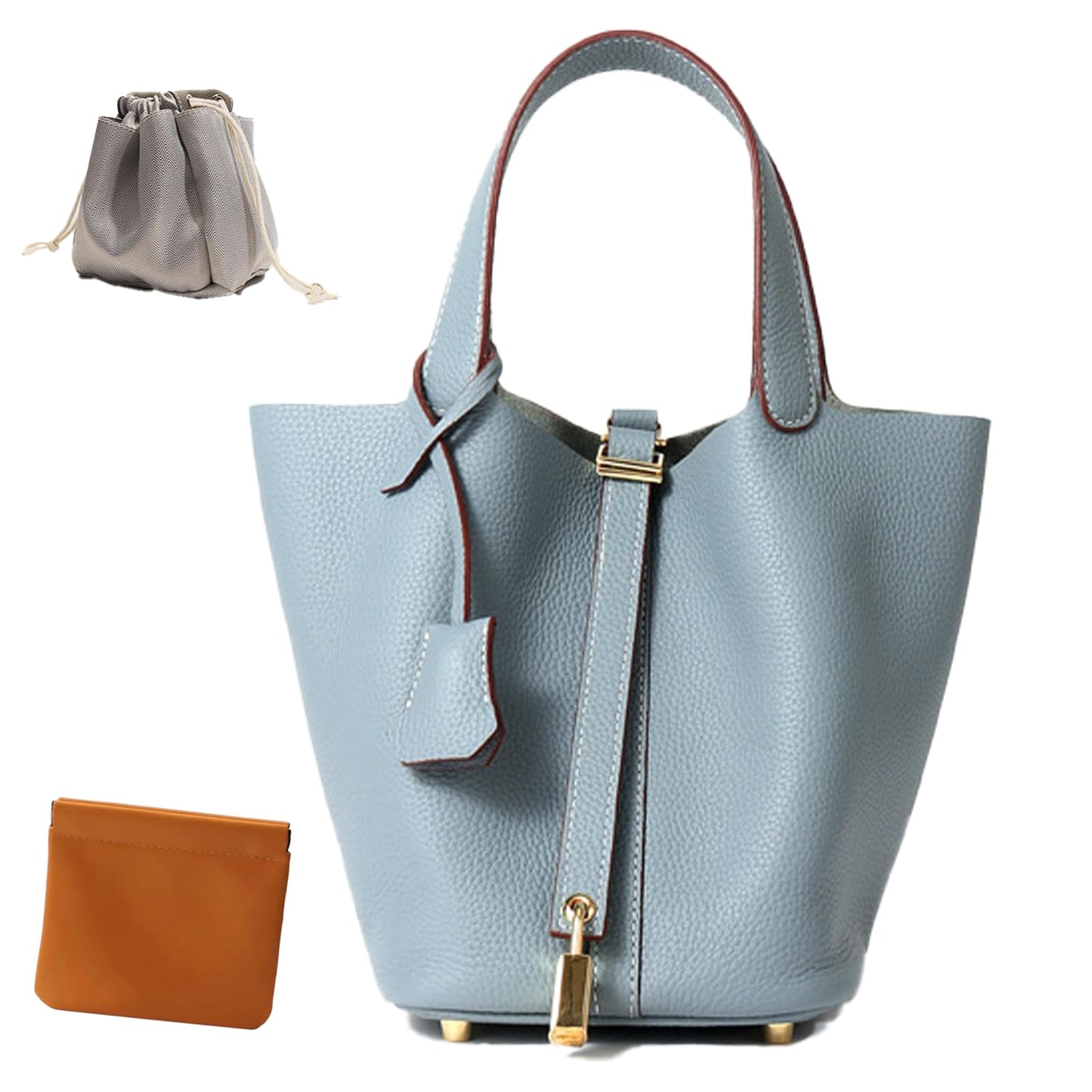 Genuine Leather Lock Design Bucket Bag Vegetable Basket, Fashionable and Versatile Shoulder Handbag