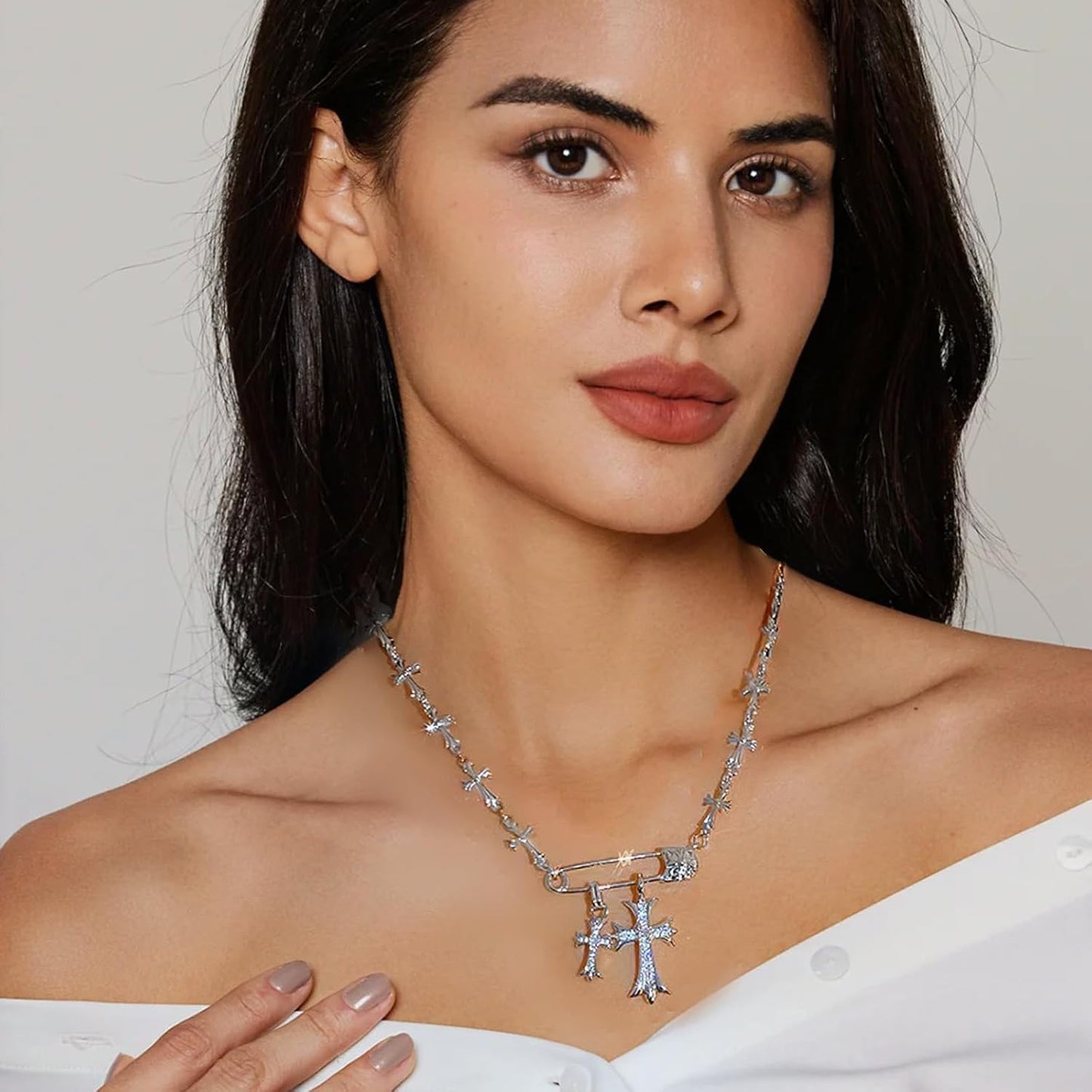 Silver Y2K Cross Pendant Necklace – Gothic Safety Pin Design