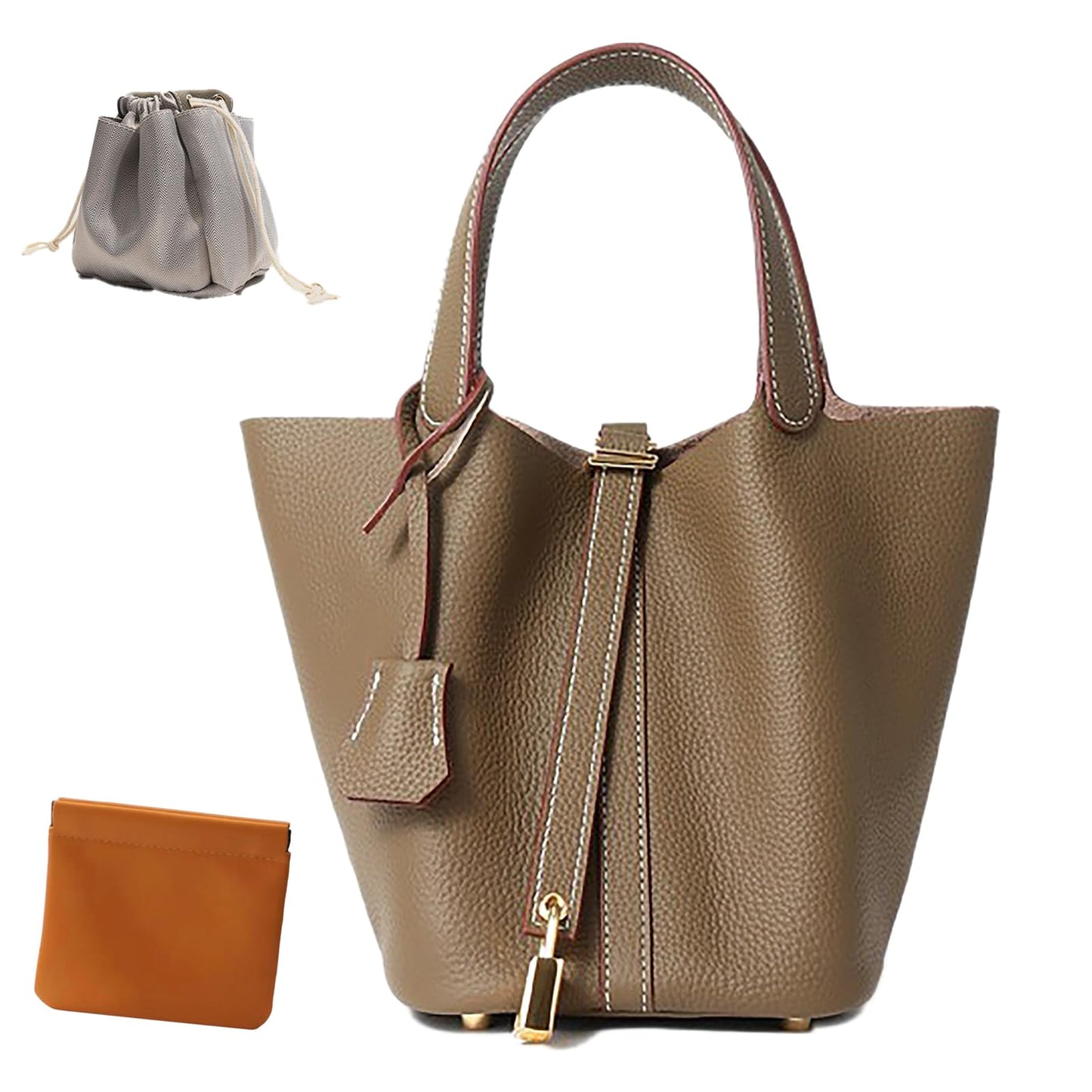 Genuine Leather Lock Design Bucket Bag Vegetable Basket, Fashionable and Versatile Shoulder Handbag