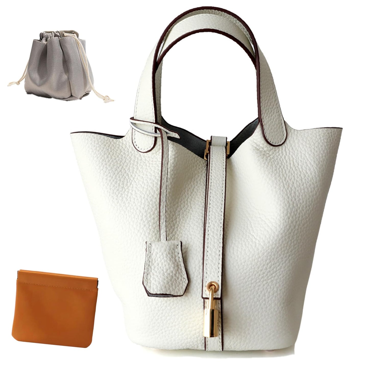 Genuine Leather Lock Design Bucket Bag Vegetable Basket, Fashionable and Versatile Shoulder Handbag