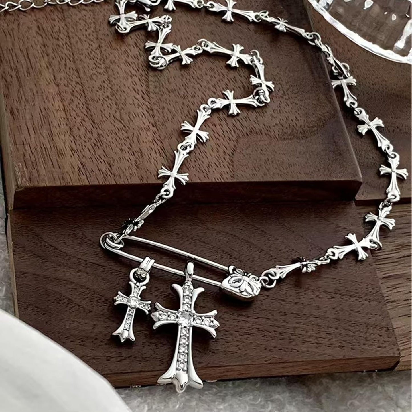 Silver Y2K Cross Pendant Necklace – Gothic Safety Pin Design
