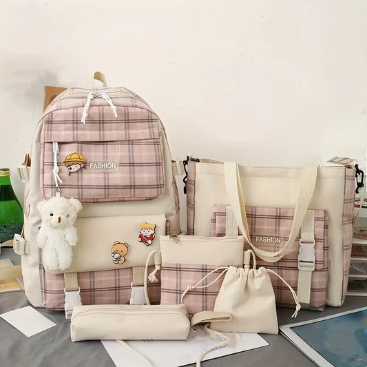 Chic Plaid Women’s 5-Piece Backpack Set – Large & Multi-Function