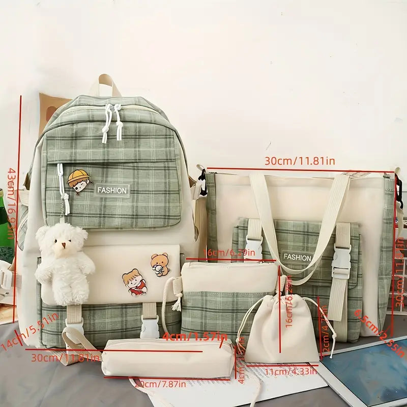 Chic Plaid Women’s 5-Piece Backpack Set – Large & Multi-Function